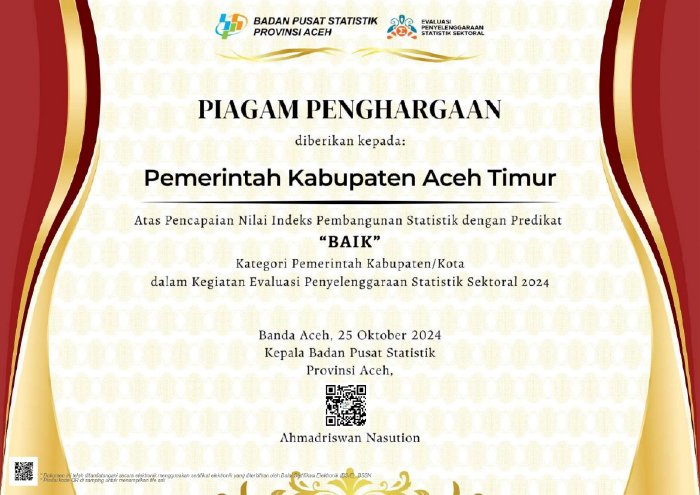 Kabupaten Aceh Timur Toreh Predikat Baik Dalam Penyelenggaraan Statistik Sektoral